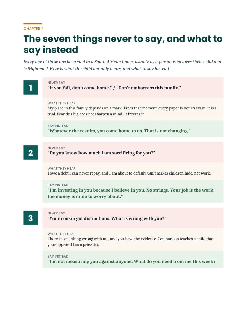 A page from the guide listing things never to say, what the child hears, and what to say instead