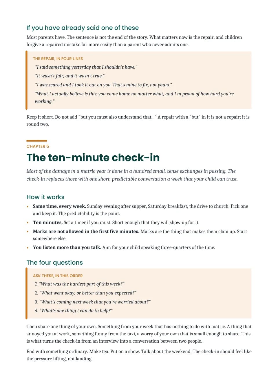 A page from the guide explaining the ten-minute check-in and its four questions